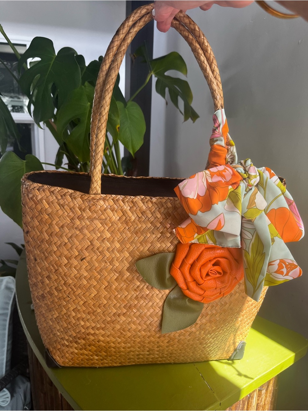Woven Straw Tote Bag with Orange Flower Accent